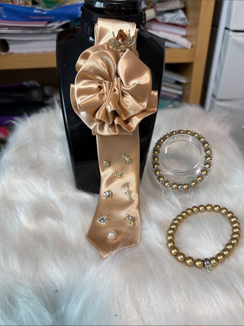 Gold Satin Flower Junk Tie Accessory with Crystal Accents